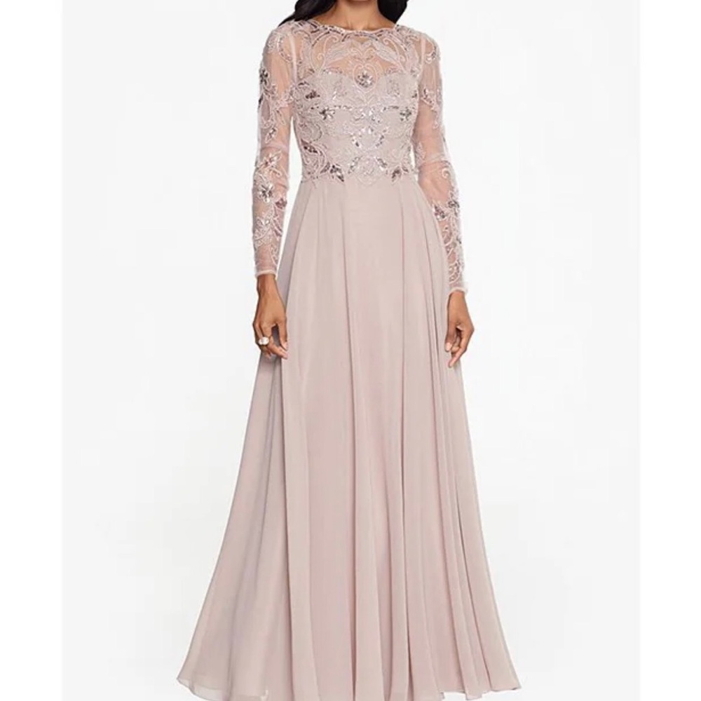 Xscape
Illusion Crew Neck Long Sleeve Floral Beaded Bodice Chiffon Gown